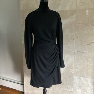 Vintage Ungaro Wool Dress 44 Black 80s Long Sleeve Draped Ruched, Quiet Luxury